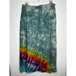 Eddie Bauer Skirt Womens 2 Green Tie Dye Linen Button Front Drawstring Pockets